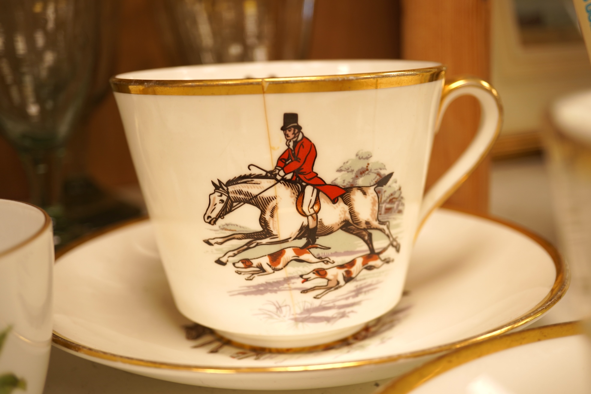 A collection of glassware to include Edinburgh crystal and Tudor, Worcester part tea set and two Hunting interest cups and saucers, largest glass 16cm high